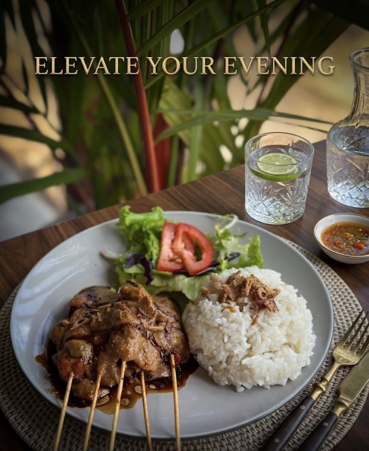 Balinese chicken satay skewers with peanut sauce and steamed rice