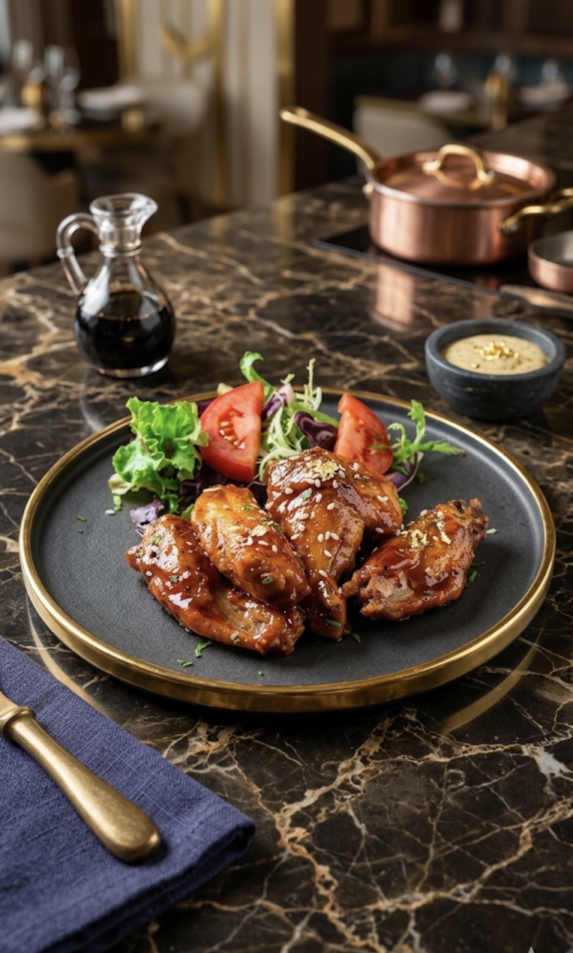 Sticky BBQ chicken wings with sesame and fresh salad