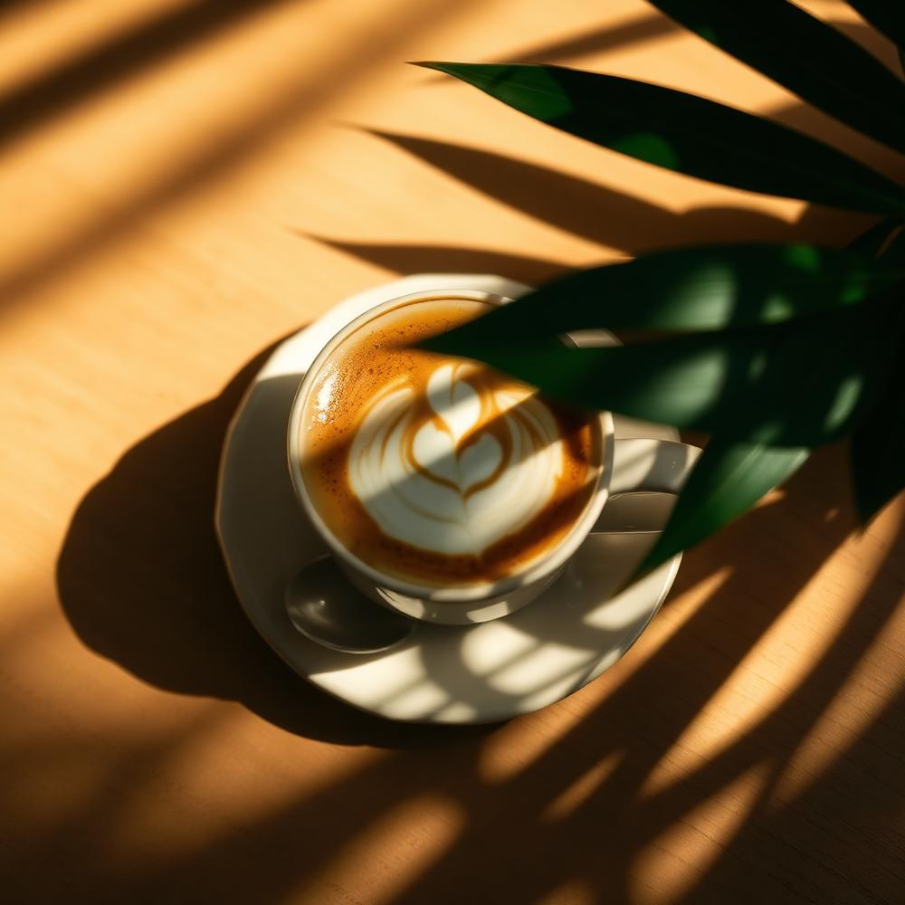 Specialty coconut flat white coffee on a wooden bar top