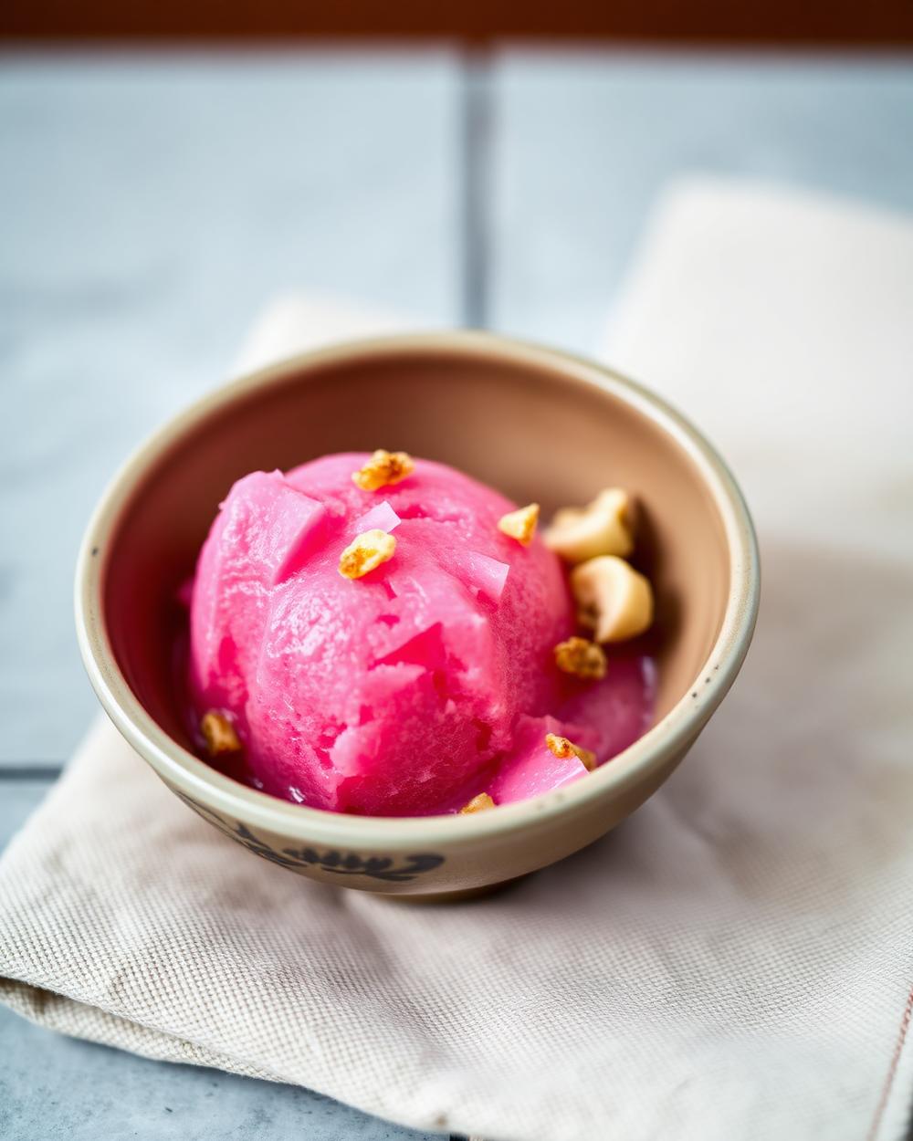 Island Bloom — Dragon fruit sorbet, coconut curd, toasted cashew crumbs. Father Field Bistro, Nusa Penida.