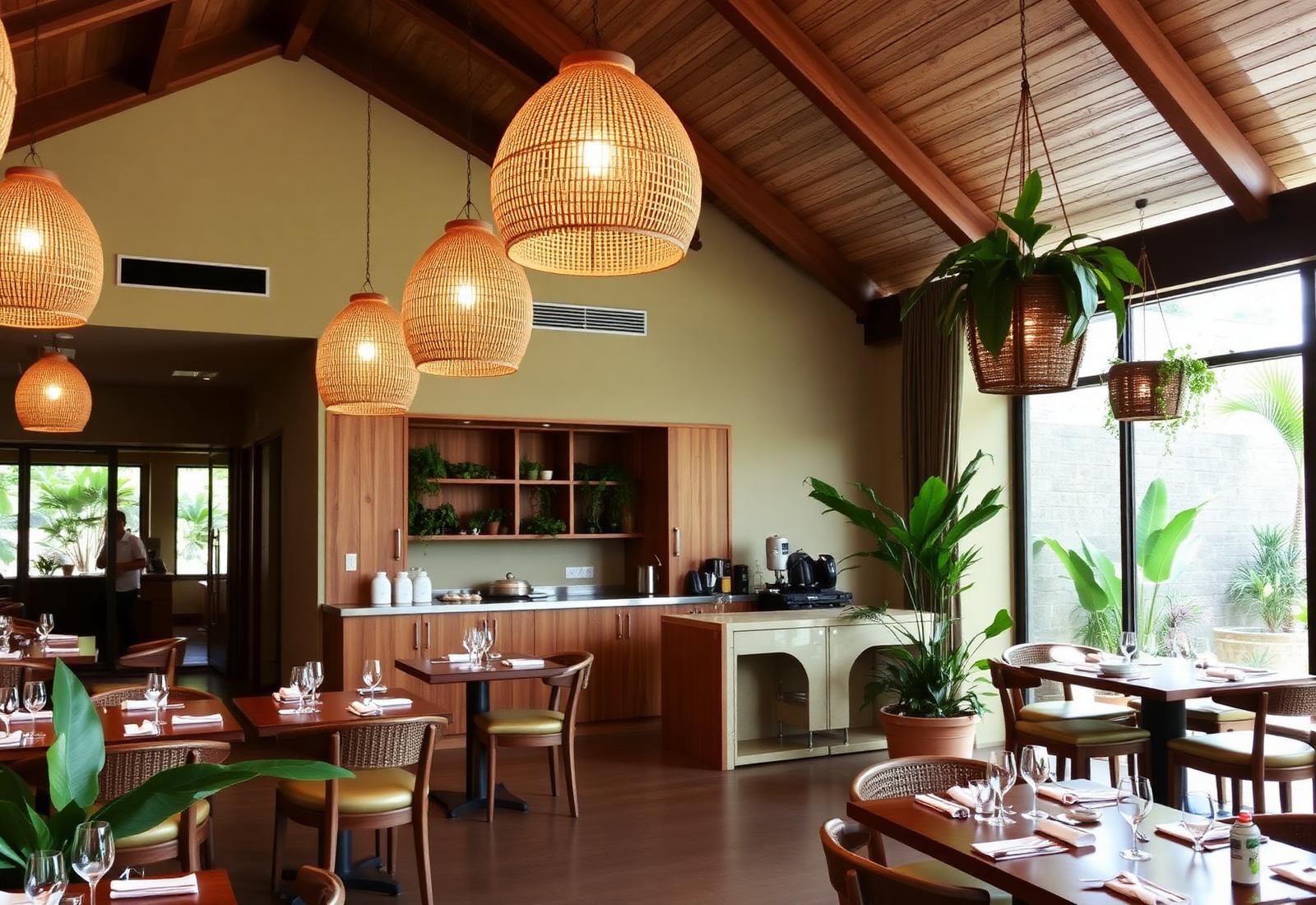 Warm tropical dining room interior at Father Field Bistro, Nusa Penida