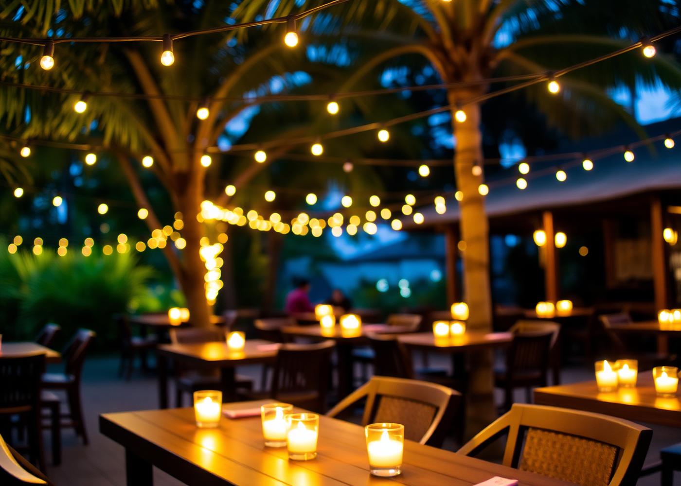 Lantern-lit garden terrace at night at Father Field Bistro